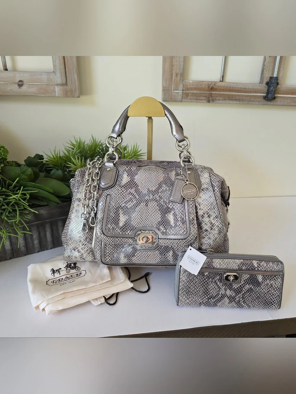 Coach Campbell  Embossed Leather Large Satchel Wallet Set Neutral Snakeskin
